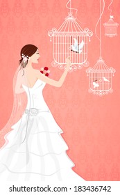 illustration of bride with bird cage on seamless backdrop