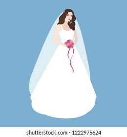 Illustration bride with bouquet in a long a-shape white dress and veil