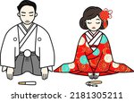Illustration with bride and groom bowing. Vector illustration.