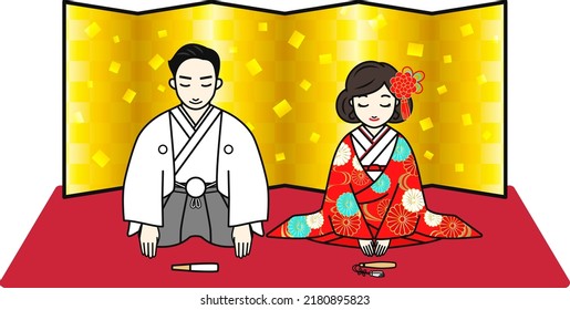 Illustration with bride and groom bowing. Vector illustration.