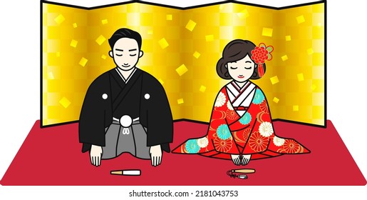 Illustration with bride and groom bowing. Vector illustration.