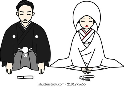 Illustration with bride and groom bowing. Vector illustration.