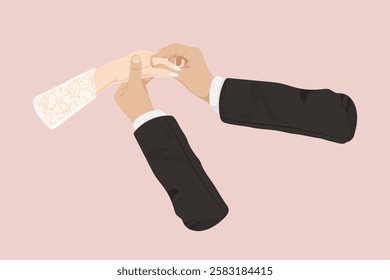 Illustration of a bride and groom exchanging rings. The groom's hand places a ring on the bride's finger. Wedding rings symbolize love and commitment. Aesthetic vector illustration.