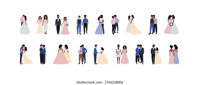 Illustration with bride and groom. Lesbian and gay wedding. Vector set in a flat style