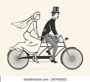 Illustration Of Bride And Groom Riding A Vintage Tandem Bicycle Over White Background