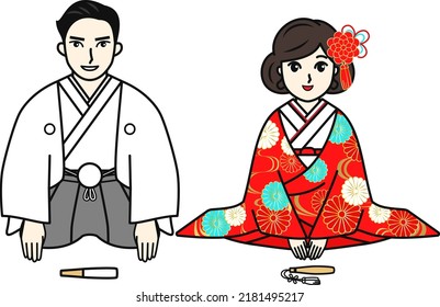 Illustration with bride and groom sitting side by side with a smile. Vector illustration.