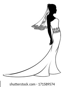An illustration of a bride in her wedding dress in silhouette