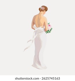 Illustration of a bride in a white dress holding a bouquet. The bride's back is visible, with flowers in her hair. Elegant and serene bridal image. Vintage character art illustration vector.