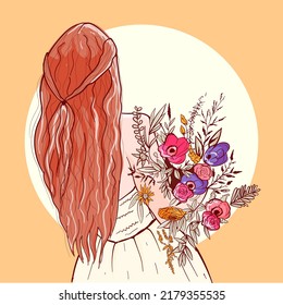 Illustration of a bride's backside holding a bouquet of bright flowers. Digital art of a redhead woman preparing for the wedding. Floral and summer vibes.