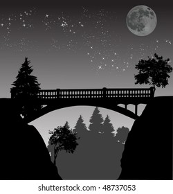 illustration with bridge above precipice at night