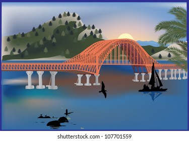 illustration with bridge above river