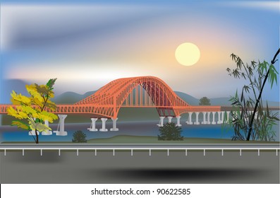 illustration with bridge above river