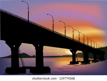 illustration with bridge above water with reflection
