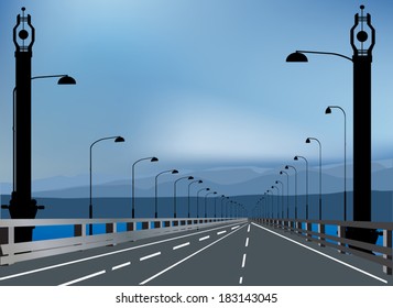 illustration with bridge to blue hills