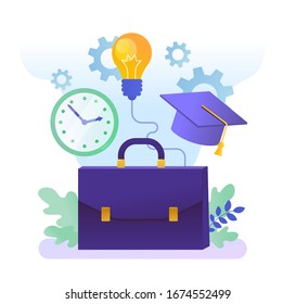 Illustration of briefcase with bulb, gears, clock