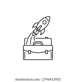 Illustration of briefcase with rocket launching from top. Symbolizes business startup, company growth, rapid progress, and successful launch of new ventures. Represents innovation, ambition, and achieving business objectives.