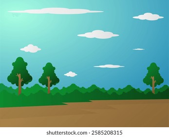 Illustration of a bright afternoon atmosphere with trees, green bushes, blue sky and white clouds.