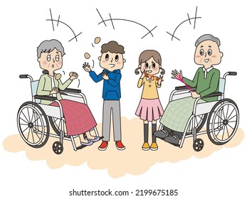 It is an illustration of a bright atmosphere of a senior woman and a senior man in a wheelchair playing with children in facilities such as a nursing home.