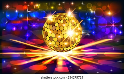 illustration bright background with golden disco ball and rays