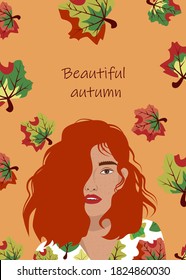 Illustration of a bright beautiful leaf fall and red-haired autumn girl