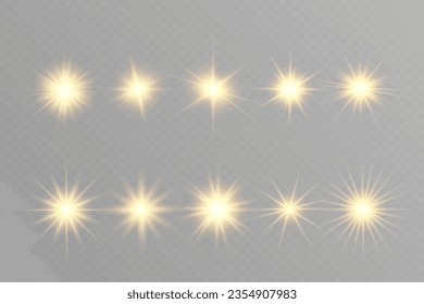 Illustration of bright beautiful light effects.Set of sparkling stars.	