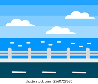 Illustration of bright blue coastal scene with white clouds and a serene ocean view, complemented by a simple road in the foreground