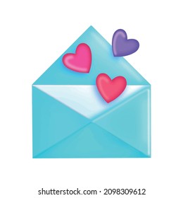  illustration of bright blue envelope with love letter and colorful hearts isolated on white background. Vector illustration 