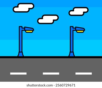 Illustration of bright blue scene featuring blue street lamps and white clouds against a vivid blue sky, set above a gray road