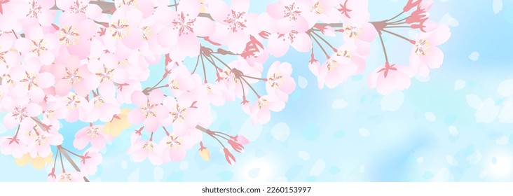 Illustration of a bright blue sky and the tip of a branch of cherry blossoms