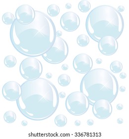 illustration of bright blue soap bubbles on white background 