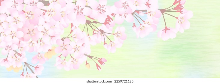 Illustration of the bright and blurred fresh green background and cherry blossom branch tips