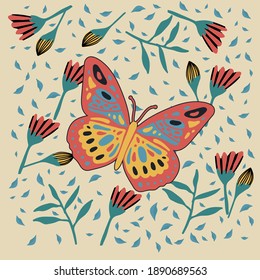 Illustration of a bright butterfly. Cute moth in the tropics of the forest. Postcard soaring, multicolored, winged, whiskered, pollinating flowers, moth, silkworm, mol, cutworm, dragonfly.