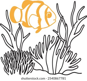 Illustration of a bright clownfish, outlined in intricate coral and seaweed designs. Captures the beauty and simplicity of marine life, perfect for ocean-themed projects.