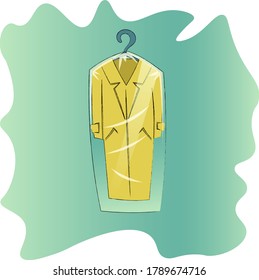 
Illustration of bright colored clothes in a dry cleaning cover on a beautiful colored blot background