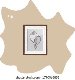 
Illustration of a bright colored poster on the wall with a seashell on a beautiful colored blot background