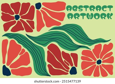 illustration of bright colorful flowers in 1960 design style, mid century modern artwork