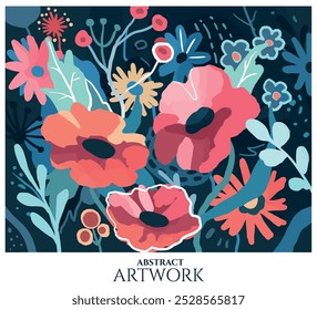 illustration of bright colorful flowers mid century modern style with semi watercolor texture