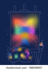 Illustration of Bright Colors on Artist Palette, Brush and Canvas on Easel