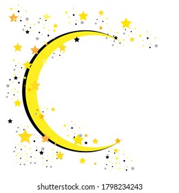 Illustration with a bright crescent moon shining through the stars.