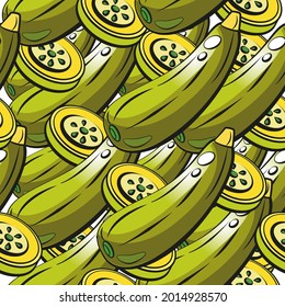 Illustration of a bright drawing of zucchini, vegetable zucchini for printing. A floral pattern consisting of beautiful zucchini, many zucchini, and lobules.