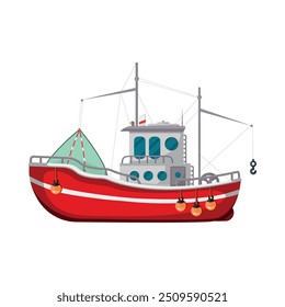 Illustration of a bright fishing boat with red and white design, equipped with fishing nets and signal lights, isolated on white background
