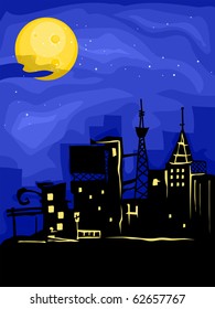 Illustration of a Bright Full Moon Shining Down on the Silhouette of a City
