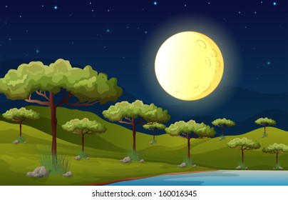 Illustration of a bright fullmoon lighting the forest