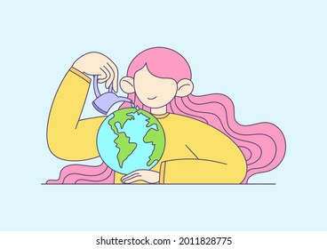 
Illustration of a bright girl with who takes care of the planet, watering it. Ecology, care, protect nature, warmth. Vector, flat, cartoon style.