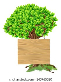 Illustration of a bright green tree with a wooden sign suspended from it