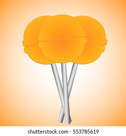 Illustration of bright, juicy orange candy lollipop on gray rods in the amount of three pieces to each other on gradient orange background