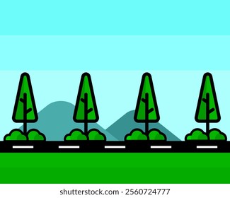 Illustration of bright landscape featuring green trees and bushes along a road, set against a light blue sky and distant hills
