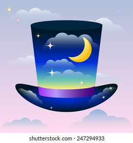 Illustration with bright magic hat floating in the sunset sky among the clouds for use in design for card, invitation, poster, banner, placard or billboard cover