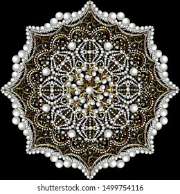 Illustration bright mandala golden brooch with pearls. Vintage background