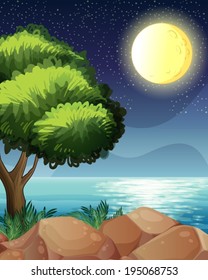 Illustration of a bright moon and the beautiful nature